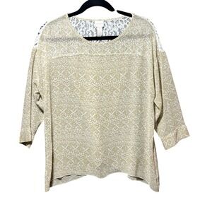 Chico's Petite‎ 1 M Beige White Print Lace Back Blouse 3/4 Sleeve Sheer Top
